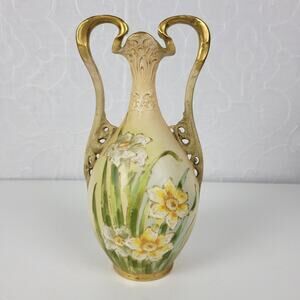 Turn Teplitz Bohemia Vase Ivory Floral Porcelain Amphora Elegant Art Nouveau 9"